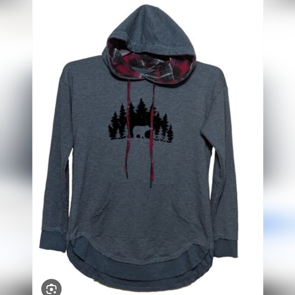 MAURICES Frosted Green Hoodie w Velvet Forest & Bear Scene & Red Plaid Hood Sz L